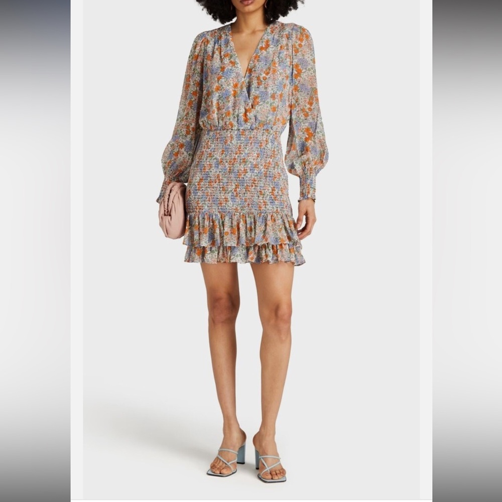 Veronica Beard Floral V-Neck Ruffle Hem Dress